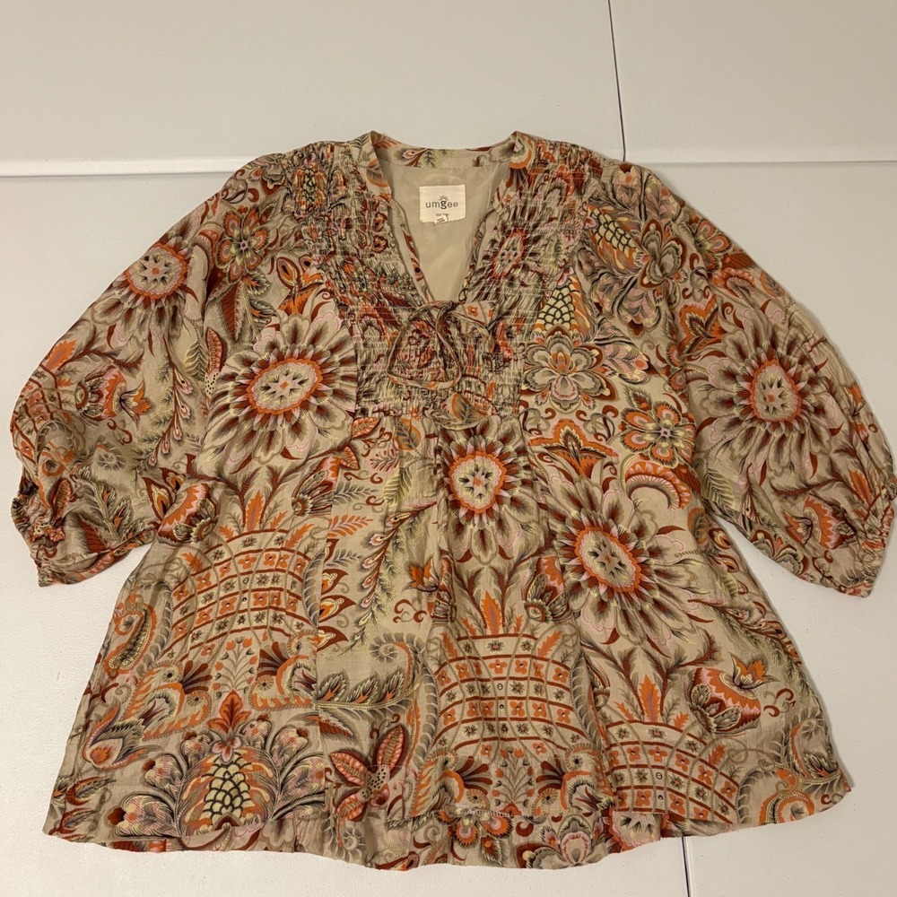 Umgee Boho Floral Smocked Tunic Top Orange Tan Paisley Balloon Sleeve Large d5